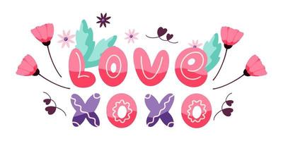 lettrage amour, xoxo, éléments de design floral isolés sur fond blanc. concept pour la Saint-Valentin. illustration vectorielle dessinés à la main vecteur