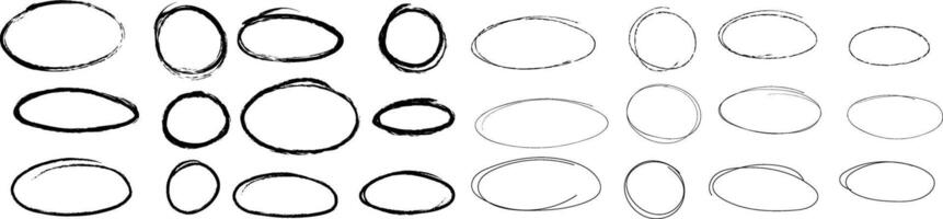 main tiré texturé surligner cercles et ovales, isolé cadres ensemble vecteur