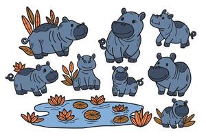 une groupe de dessin animé hippopotames sont séance par une étang vecteur