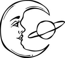 lune illustration avec une planète, main tiré croissant agrafe art vecteur