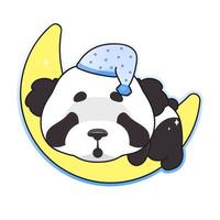 panda mignon dormant sur le personnage de vecteur de dessin animé kawaii lune. autocollant isolé animal adorable, heureux et drôle, patch. la nuit, l'heure du coucher. Anime bébé panda en pyjama emoji sur fond blanc