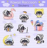 Jeu de caractères de vecteur de dessin animé mignon raton laveur kawaii. autocollants isolés d'animaux souriants adorables et drôles, pack de patchs. anime bébé raton laveur dormant, mangeant des biscuits, exécutant des emojis sur fond violet