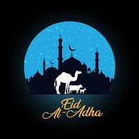 eid Al adha mubarak salutation islamique illustration Contexte modifiable Créatif unique conception avec chameau vache chèvre et mosquée à nuit pour le musulman fête. vecteur