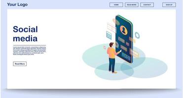 modèle vectoriel de page Web de médias sociaux avec illustration isométrique. conception d'interface de site Web. communication en ligne. réalité augmentée. Messager. bavardage. page Web, concept 3d d'application mobile