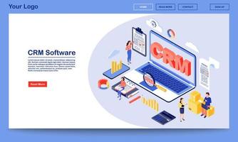 modèle de vecteur de page de destination isométrique du logiciel CRM. processus de travail, organisation du flux de travail et interface du site Web du service d'optimisation. concept 3d de système de gestion de la relation client