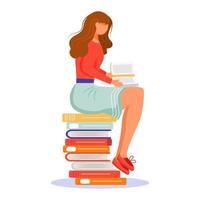 fille lisant un livre illustration vectorielle plane. étudiant avec livre de poche. préparation aux examens. Jeune femme assise sur une pile de manuels scolaires, étudiant l'un d'entre eux personnage de dessin animé isolé sur fond blanc vecteur