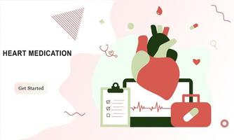 page de destination des médicaments cardiaques modernes, concept de recherche sur les maladies cardiaques. étudier le modèle cardiaque, les médicaments et le diagramme de rythme cardiaque. illustration vectorielle système cardiovasculaire, cholestérol, examen médical. vecteur