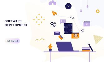 page de destination du concept de processus de codage de développement logiciel. concepteur, programmation, test de code multiplateforme, application. créer, éditer un site Web de script et des appareils mobiles. logiciel de technologie d'entreprise vecteur