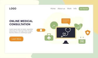 page de destination du site Web médical. services médicaux en ligne, aide en ligne, support de consultation médicale en ligne. médecin, soins de santé, thérapeute pour icônes médicales, interface utilisateur, application mobile, affiches, bannières vecteur