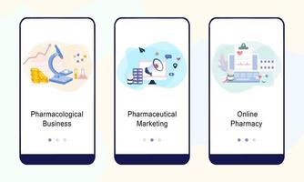 ensemble de modèles de conception d'applications mobiles pour les entreprises pharmacologiques, le marketing pharmaceutique, la pharmacie en ligne. ui sur le concept de conception d'écrans d'embarquement. illustrations vectorielles modernes pour l'interface utilisateur. vecteur