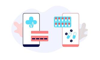 page de destination du concept d'application de pharmacie en ligne, de soins de santé, de pharmacie et de commerce électronique. vecteur de médicaments sur ordonnance, de trousse de premiers soins et de fournitures médicales vendus via une application Web ou pour smartphone