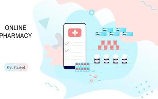page de destination du concept d'application de pharmacie en ligne, de soins de santé, de pharmacie et de commerce électronique. vecteur de médicaments sur ordonnance, de trousse de premiers soins et de fournitures médicales vendus en ligne via une application Web ou pour smartphone.