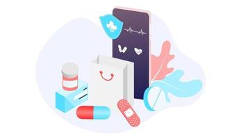 page de destination du concept d'application de pharmacie en ligne, de soins de santé, de pharmacie et de commerce électronique. vecteur de médicaments sur ordonnance, de trousse de premiers soins et de fournitures médicales vendus via une application Web ou pour smartphone