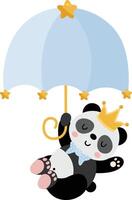 mignonne bébé Panda prince en volant avec une bleu parapluie vecteur