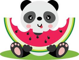 mignonne Panda séance en mangeant une tranche de pastèque vecteur