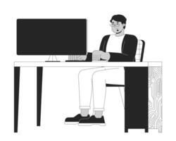 plus taille arabe homme à ordinateur noir et blanc 2d ligne dessin animé personnage. obèse milieu est Masculin dans Bureau isolé contour personne. corps positif monochromatique plat place illustration vecteur