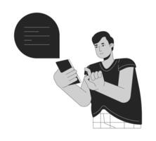 plus taille hindou homme envoyer des SMS noir et blanc 2d ligne dessin animé personnage. obèse Masculin en utilisant bavarder sur téléphone intelligent isolé contour personne. en bonne santé corps positif monochromatique plat place illustration vecteur