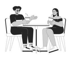 dodu copains repos dans café noir et blanc 2d ligne dessin animé personnages. plus taille couple sortie isolé contour personnes. la diversité et corps positif monochromatique plat place illustration vecteur