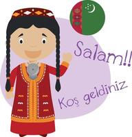 illustration de dessin animé personnage en disant Bonjour et Bienvenue dans turkmène vecteur
