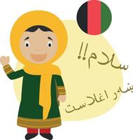 illustration de dessin animé personnage en disant Bonjour et Bienvenue dans pashto vecteur