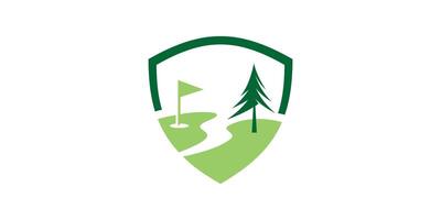 logo conception bouclier le golf, prairie, sport, logo conception modèle, symbole, icône, , idée, créatif. vecteur