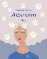 international albinisme conscience journée main tiré illustration. observé chaque année juin 13. carte avec dessin animé femmes avec blanc cheveux, Jaune ruban, fleurs. Contexte pour conception, imprimer, papier vecteur