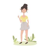 mignonne dessin animé plat fille dans lumière shorts. Jeune content blanc femme des stands dans jardin et spectacles paix signe avec sa main. lent mode de vie. été marcher dans la nature. marrant printemps personnage pour utilisation dans publicité. vecteur