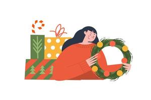 une jolie fille avec une couronne de noël et des cadeaux du nouvel an. illustration vectorielle. vecteur