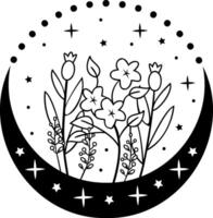 cette mystique floral clair de lune art impression Caractéristiques une boho botanique astronomie symbole avec une mystérieux galaxie icône, parfait pour bohémien astronomie les amoureux vecteur