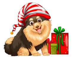 Thème de Noël avec chien mignon et cadeau vecteur
