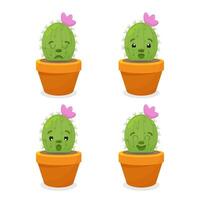 ensemble de des illustrations de mignonne dessin animé cactus avec marrant visages dans des pots et avec les plantes. pouvez être utilisé pour cartes, invitations ou comme autocollant. vecteur