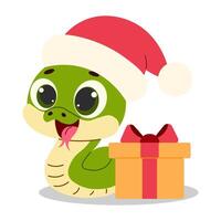 2025 chinois Nouveau an. mignonne serpent avec cadeau et rouge chapeau. illustration. joyeux Noël vecteur