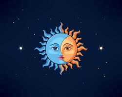 illustration de soleil, lune et étoiles dans ancien style vecteur