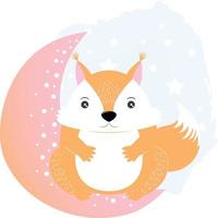 l'écureuil aux cheveux roux orange est assis sur le croissant de lune. dessin pour la chambre des enfants. illustration vectorielle d'un animal sur fond blanc avec modèle d'affiche stars.childrens, animal mignon. vecteur