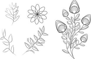ensemble de ligne fleur de détail de jardin sauvage. illustration vectorielle en noir et blanc. vecteur