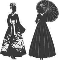 silhouette indépendant coréen femmes portant hanbok avec parapluie noir Couleur seulement vecteur