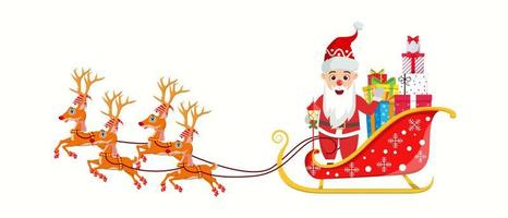 beau personnage du père Noël debout et traîneau courant avec des rennes sur fond blanc avec plein de coffrets cadeaux isolés vecteur