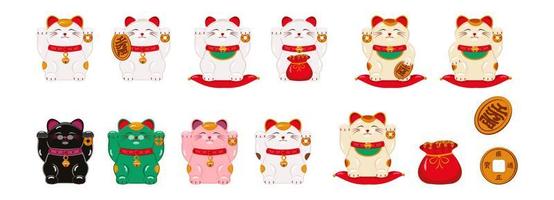 un ensemble de chats japonais maneki neko pour la chance, l'argent, le bien-être aux pattes relevées, manchette koban, sac d'or. vecteur