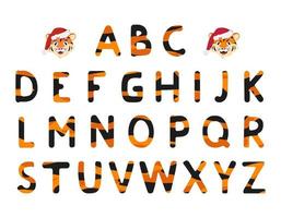 alphabet du motif tigre et museau du prédateur animal en bonnet de Noel. police orange festive avec des rayures noires ou une décoration pour la bonne année et noël, signe et lettres de différentes formes vecteur