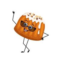 muffin glacé mignon avec personnage de pépites de noix avec des émotions joyeuses, un visage heureux, un sourire, des yeux, des bras et des jambes. personne de cuisson, chignon avec une drôle d'expression. illustration de plat de vecteur
