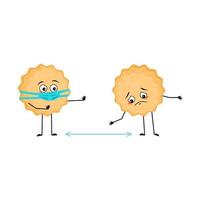 joli personnage de biscuit au lait avec des émotions tristes, le visage et le masque gardent la distance, les bras et les jambes. personne de cuisson, biscuit avec expression de dépression. illustration de plat de vecteur