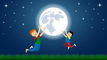 les enfants s'amusent sous la lune vecteur