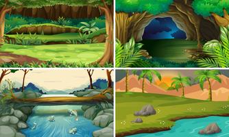 Quatre scènes de forêt avec des arbres et des rivières vecteur