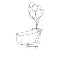 panier d'achat de dessin au trait continu et icône d'illustration de ballon volant vecteur