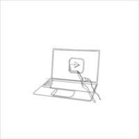 Doodle dessiné à la main bouton de lecture vidéo sur l'illustration de l'ordinateur portable avec dessin au trait continu vecteur