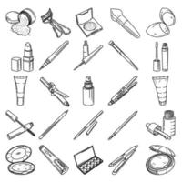 outils de maquillage pour femmes définir le vecteur d'icône. doodle dessinés à la main ou style d'icône de contour