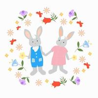 deux lapins se tenant la main entourés de fleurs. vecteur