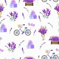 modèle sans couture avec des fleurs de lavande et des vélos vecteur