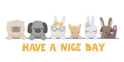 les chiens de lapins disent que le texte passe une bonne journée. animaux mignons lièvres avec des fleurs. illustration pour enfants. vecteur