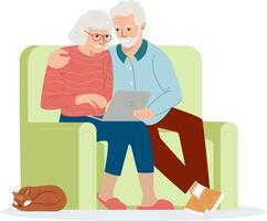 progressive vieux gens utilisation l'Internet. Sénior gens et les technologies concept. mature personnes âgées couple en utilisant portable ensemble apprentissage ordinateur communicant en ligne illustration en train d'étudier ordinateur vecteur